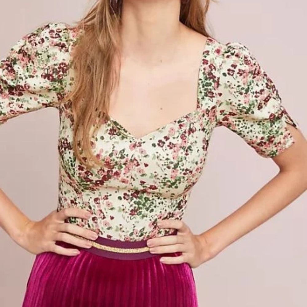 Anthropologie Mave Tapestry Floral Puff Sleeve Fitted Top